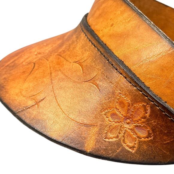 VTG Leather Hand Tooled Floral Sun Visor Brown Boho Hippie 70s Festival Western - Picture 4 of 16